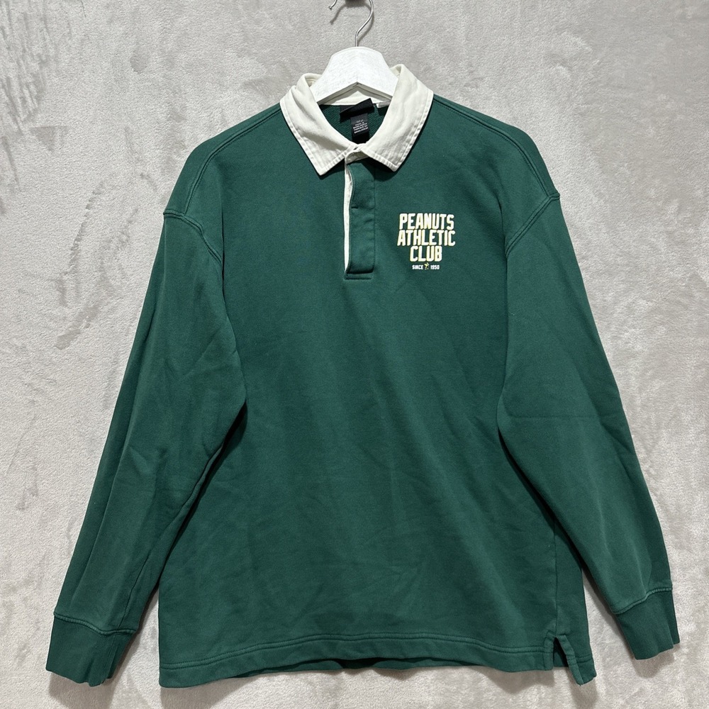 H&M Peanuts Club Rugby Shirt Green Mens Size M Relaxed Fit French Terry Snoopy